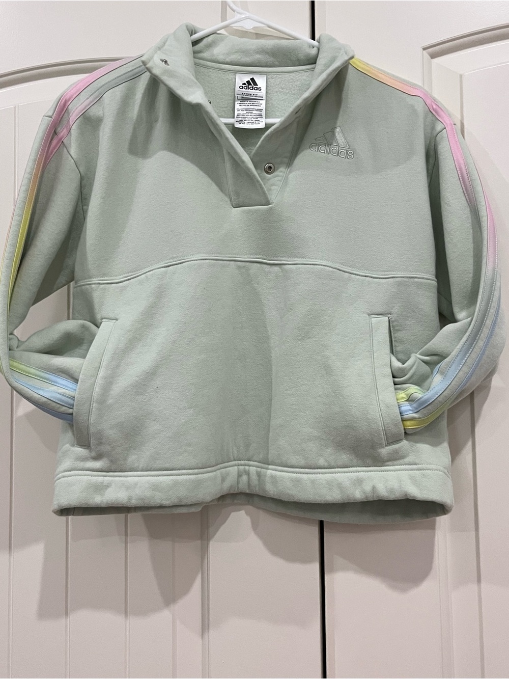 adidas Kids Mint Hoodie with Pastel Rainbow Sleeve Stripes